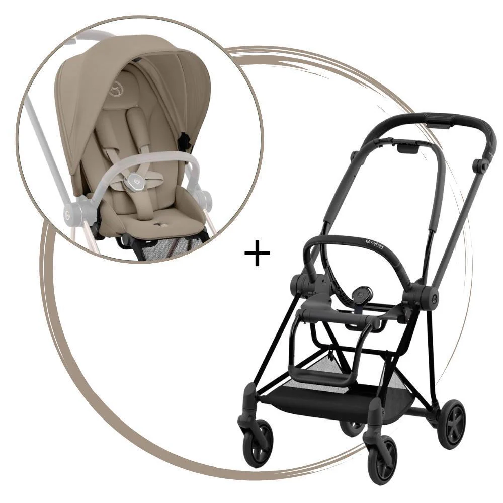 Carrinho Cybex Platinum Mios Matt Black + Pack de Tecidos Cozy Beige