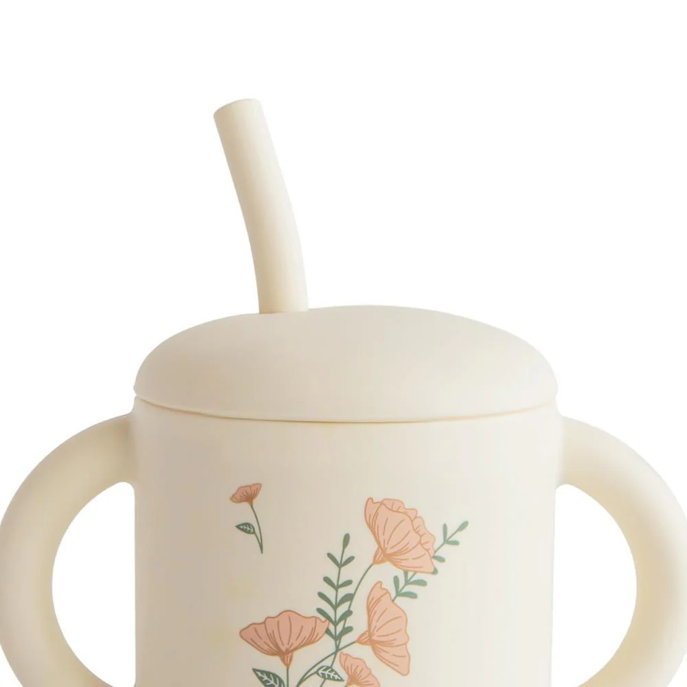 Copo com Palhinha e Asas em Silicone Mushie Pink Flowers - Image 2