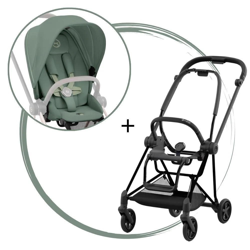 Carrinho Cybex Platinum Mios Matt Black + Pack de Tecidos Leaf Green