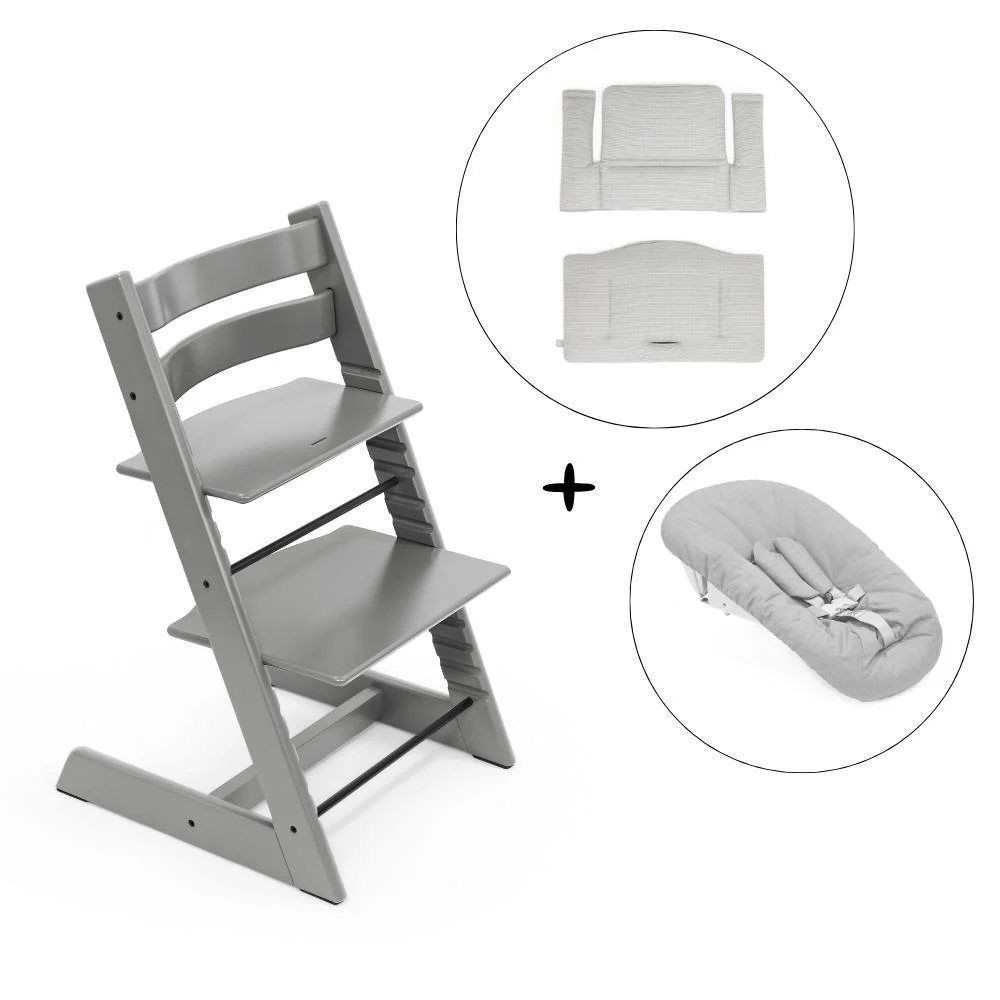 Pack Cadeira da Papa Stokke Tripp Trapp em Madeira Storm Grey + Newborn Set Grey + Almofada Clássica Nordic Grey