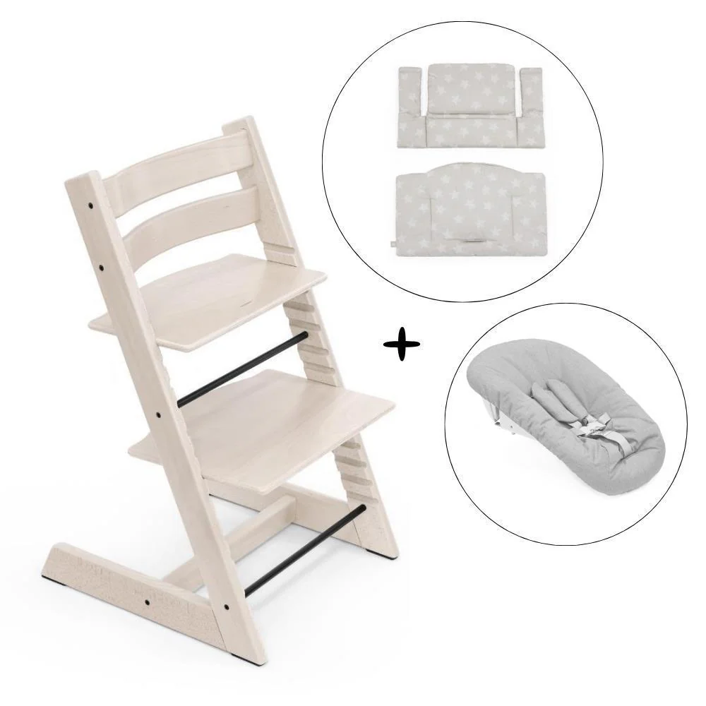 Pack Cadeira da Papa Stokke Tripp Trapp em Madeira Whitewash + Newborn Set Grey + Almofada Clássica Star Silver