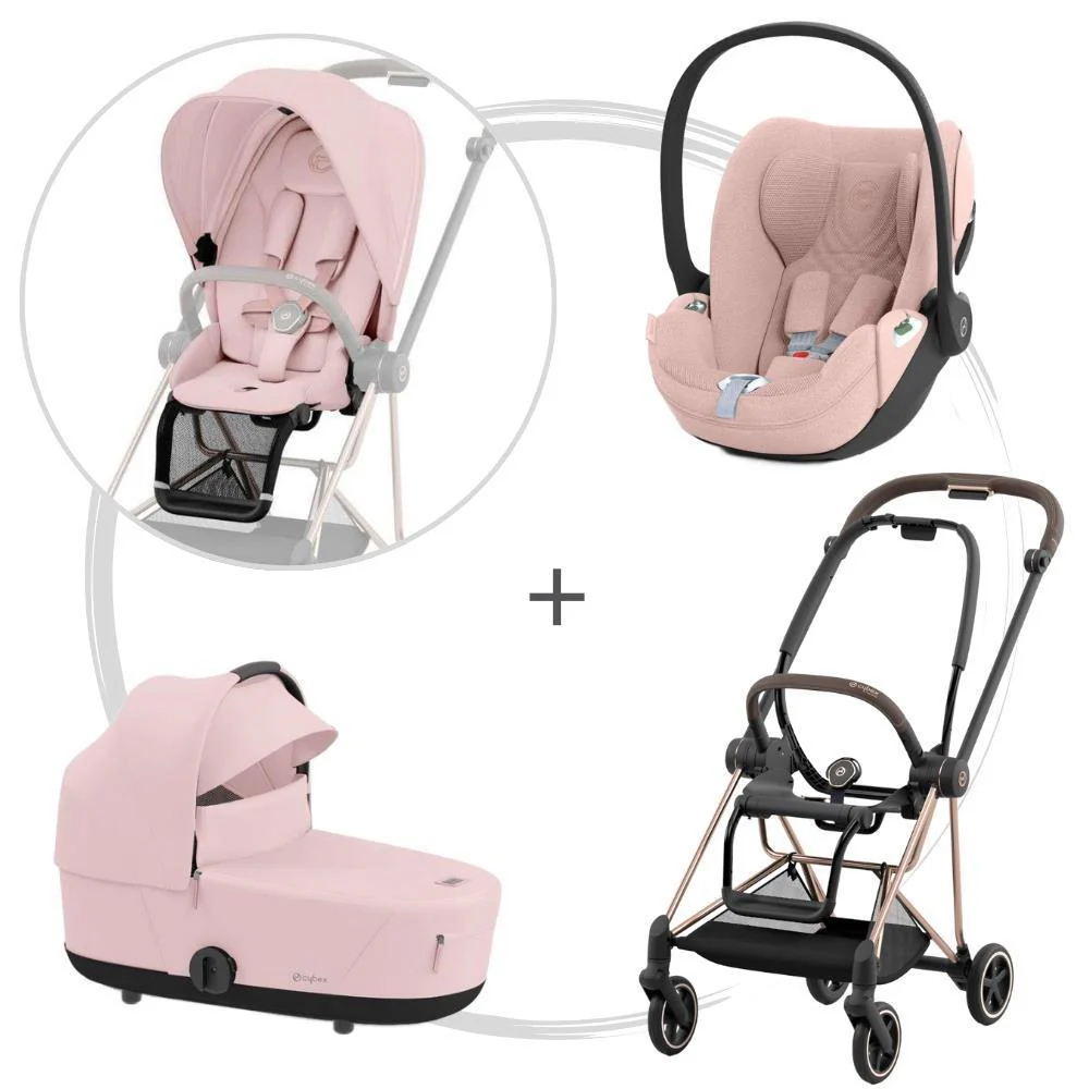 Pack Cybex Platinum Mios com Chassis e Assento Rosegold + Pack de Tecidos + Alcofa Mios Lux + Cloud T Plus Peach Pink
