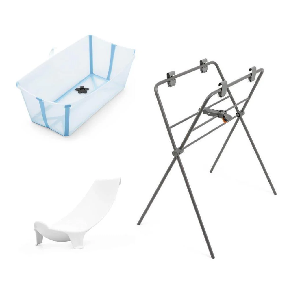 Pack Stokke Banheira Dobrável Flexi Ocean Blue + Assento + Suporte