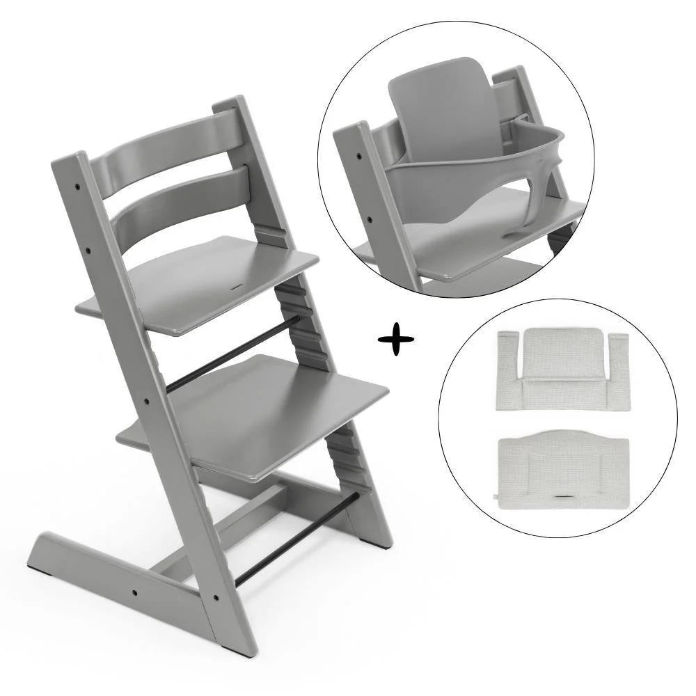 Pack Cadeira da Papa Stokke Tripp Trapp em Madeira + Baby Set² Storm Grey + Almofada Clássica Nordic Grey