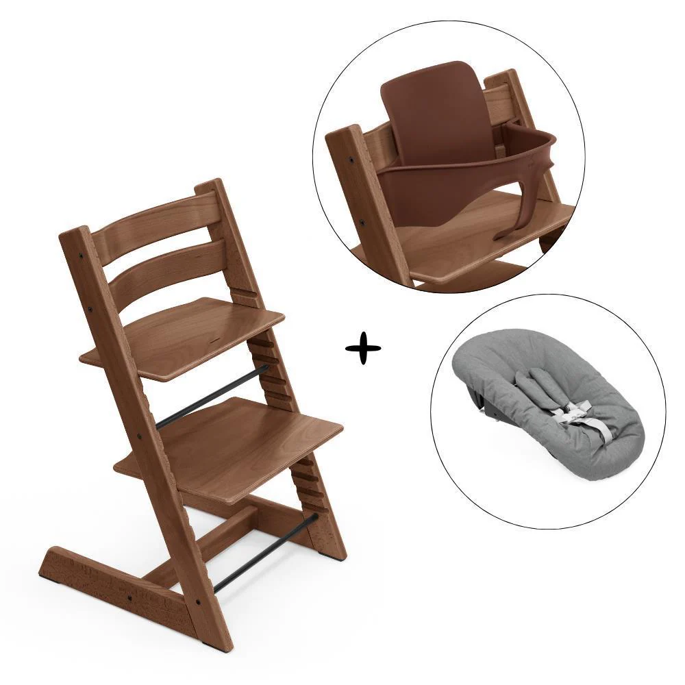 Pack Cadeira da Papa Stokke Tripp Trapp em Madeira + Baby Set² Warm Brown + Newborn Set Anthracite